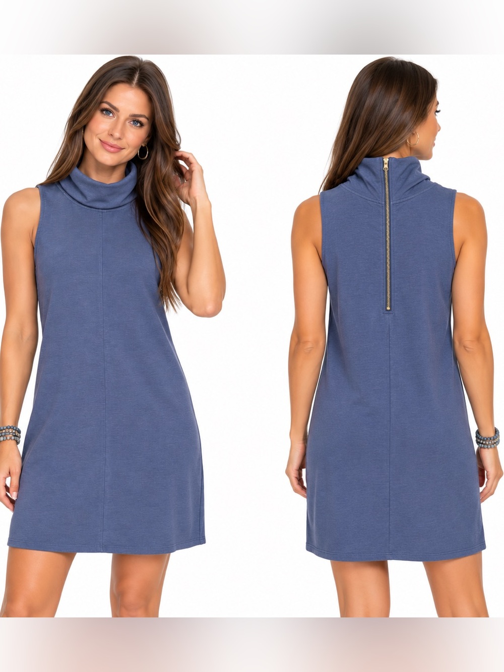 Anthropologie Sundays Lilou Sleeveless Funnel Neck Back Zip Dress Blue Size 1 S